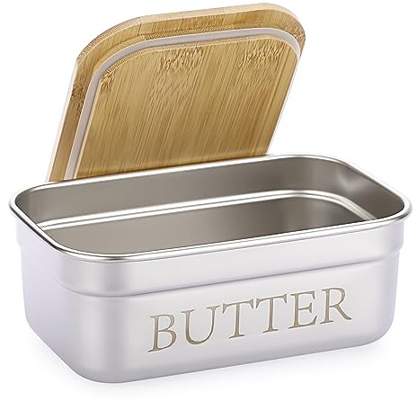 SUMNACON Butterdose aus Edelstahl mit Bambusdeckel für Arbeitsplatte Robuste Butter Aufbewahrung Butterbox Butterdose Butterglocke hält 2pcs East West Coast Butter Silber Gross