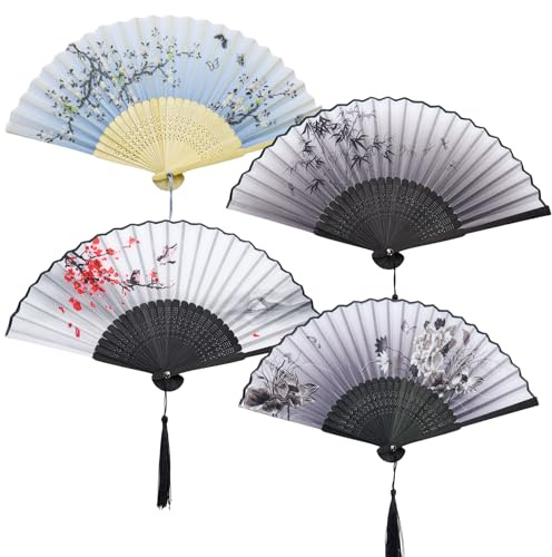INNAL 4 Stück Fächer Hochzeit Chinesische Faltbare Handfächer Bambus Faltbare Fächer Handfächer für Damen Stoff Fächer Sommer Handheld Faltfächer für Wand Dekoration Geburttag Party Wedding Fotografie