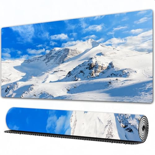 EOMKSE Mauspad Verlängertes großes Mauspad Schreibtischauflage,genähte Kanten Mauspad,Gummibasis,See, Berglandschaft, Skipiste, Wintersport, Telfer und Snowboard-Bild,Gaming-Mauspad,30x80 cm