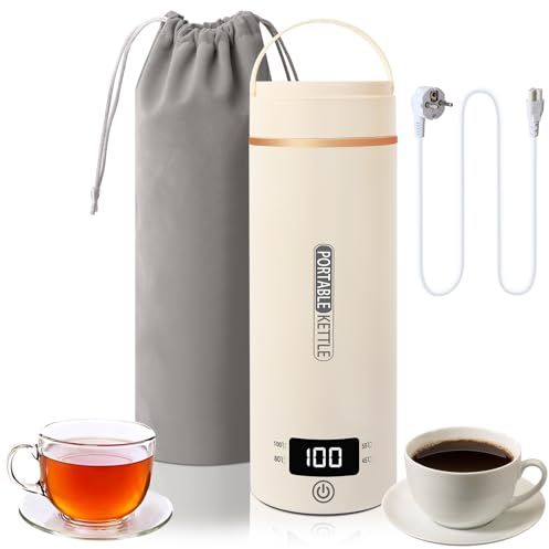 Reisewasserkocher Klein,Schnell Wasser Kochen Kleiner Wasserkocher Reise für Unterwegs Mini Wasserkocher Tragbarer 316 Edelstahl,Heizung Automatisch Abschalten für Tee,Kaffee,Babymilch(Beige, 400ML)