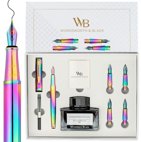 Wordsworth & Black LuxuryFountain Pen Set for Writing, 6 Nibs, Rainbow | Fountain Ink Bottle, Cartridges & Refill Converter, Refillable, Rainbow,High End Gift for Men & Women, Journaling & Lettering
