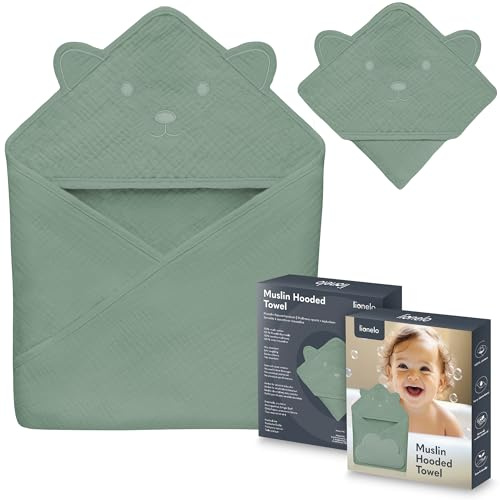 lionelo MUSLIN HOODED TOWEL Asciugamano con Cappuccio 80x80cm per neonato 100% Cotone Naturale Swaddle in Mussola dopo Bagnetto Mantella da Bagno Traspirante Morbida per Bambini (Verde, 80x80 cm)