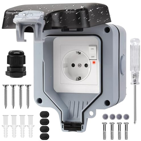 Herbst Presa esterna impermeabile IP66, presa esterna 1 presa esterna con interruttore, spia di controllo, resistente alle intemperie, presa da giardino, contatto di protezione, presa da parete per