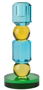 Giftcompany Sari, Kristallglas, Kerzenhalter H18,5cm, 2 Kugeln, blau/gelb/grün, gs, 8x18,5x8cm
