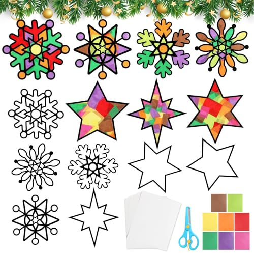 BOOMTOP 14 Weihnachten Basteln Fensterbilder Schneeflocken Sterne Bastelset Kinder Fensteraufkleber Bunte Weihnachten Deko Fenster Sticker Schablonen DIY Winter Advent Silvester Kreative Geschenke