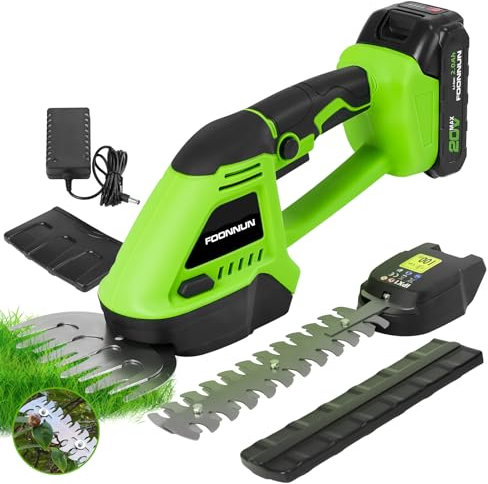 FOONNUN Akku Gras- und Strauchschere, Heckenschere Mit 1*2000 mAh, 2-in-1 Strauchschere mit 13cm Grasschere und 20cm Strauchschere Klingen, für Heckenschere, Rasenmäher, Heckenschneider und Schuppen