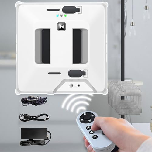 Soflightmok Robot Limpiador De Ventanas | Lavavasos Robot 3000pa | Robot Limpiador De Vidrio AutomáTico con Pulverizador De Agua Doble AutomáTico/Control Remoto/Cuerpo Ligero Fino De 6,5 Cm/,White
