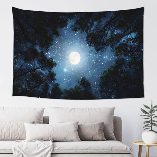 Hulnulnu Night Forest Galaxy Starry Tapestry for Bedroom Ceiling, Blue Space Starry Sky Moon Stars Tapestry Aesthetic, Wall Hanging for Dorm Living Room Decor