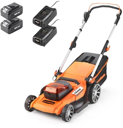 LawnMaster 48V 46cm Cordless Lawnmower with a Set of 2 MX 24V 4.0Ah Batteries, 2x Fast Chargers, Rear Roller, Grass Side Eject and Mulching Function. Battery Lawnmower for Larger Lawns.