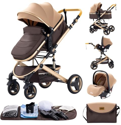 GLOKID Pram Baby prams 3 in 1 Travel System Baby Stroller Mosquito net, Rain Cover, Mommy Bag (530 Khaki)