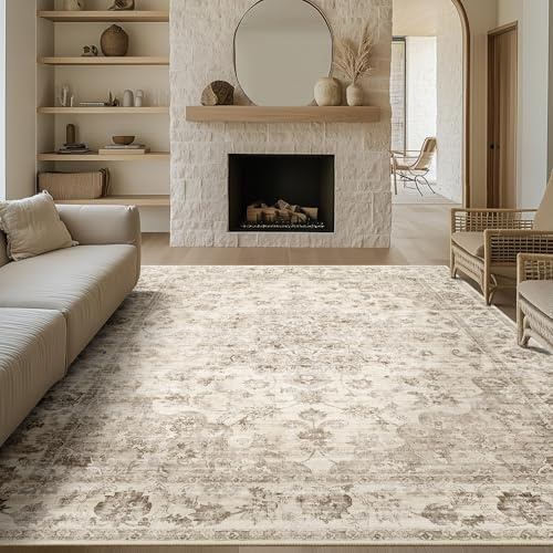 HUGEAR Beige Vintage Grand Tapis Salon Antidérapant Lavable en Machine 200x300cm Chambre Adulte Exterieur Interieur Salle a Manger Bureau Cuisine Poil Ras Decoration Chambrel