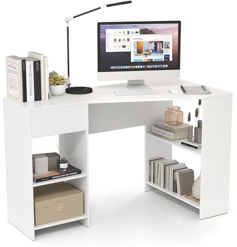 GIANTEX Escritorio de Ordenador en Forma de L, 120 x 60 x 75 cm, Escritorio de Esquina con Cajón y Estantes Abiertos, Diseño Que Ahorra Espacio, Mesa Esquinera para Dormitorio, Oficina (Blanco)