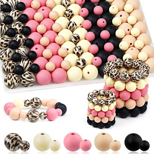 UNOZAVER 100 Stück Silikonperlen Set, 9mm & 15mm Bunt Silikon Bastelperlen für Armbänder, Stifte, Schmuck, DIY Handwerk, Schlüsselanhänger Herstellung (Rosa Schwarz)