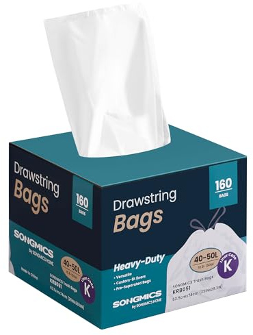 SONGMICS Bolsas de Basura, 50 L Bolsas de Basura con Cordones, 160 Piezas, Código K, Resistentes, Caja de Dispensación Rápida, Blanco Crema KRB051A04