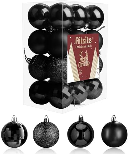 Aitsite 24 Stück Weihnachtskugeln Schwarz, 6CM Christbaumkugeln Kunststoff Bruchsicher Weihnachtsbaumkugeln Christbaumschmuck Christbaumkugeln für Weihnachtsbaum Neujahr Festival Ornamente