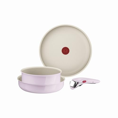 Tefal Ingenio Serenity L830S404 Kochgeschirr, 4-teilig, Standard, Antihaftbeschichtung, sicherer abnehmbarer Griff, stapelbares Design, Pink Clay