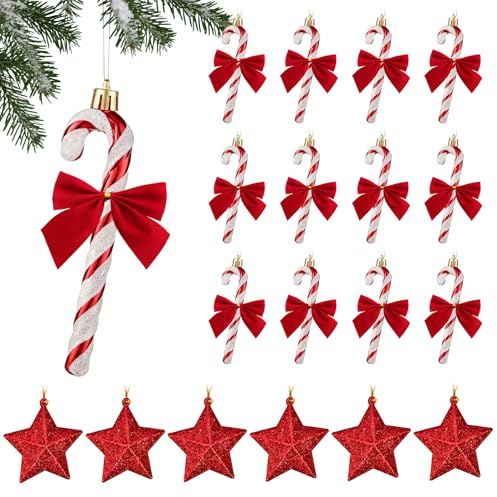 Eopvttge 30 Stück Weihnachtsbaumschmuck Zuckerstangen Set, 12 STK Zuckerstangen Weihnachtsbaum, 12 Rote Schleifen Weihnachtsbaum und 6 Sterne Zum Aufhängen, Christbaumschmuck Rot Weiß