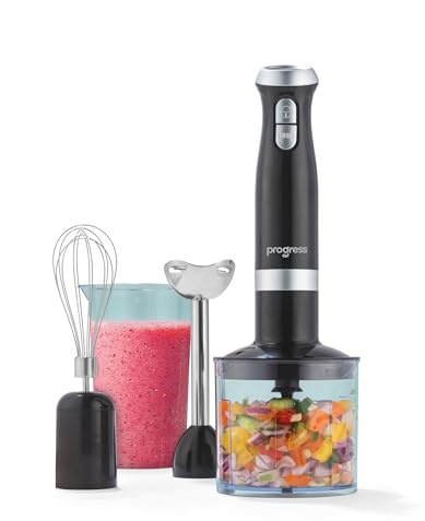 Ensemble Mixeur 3 en 1 Progress – Bol de 500 ml, 2 Vitesses, Gobelet de 700 ml, 700W, Tige et Lame en Acier Inoxydable, Accessoire Fouet, Fouetter/Mélanger/Hacher, Robot Culinaire, Noir