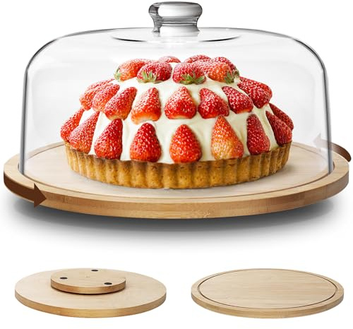 Eukue Présentoir à Gâteau avec Couvercle, Cloche à Gâteaux Multifonctionelle, Support Gâteau en Bois Rotatif pour Pâtisserie/Desserts