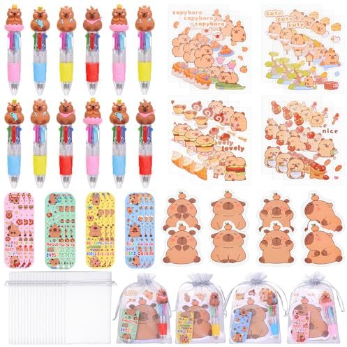 AXNSATRE Capybara Schreibwaren Set 12-teilig – Niedliche Stifte, Sticker, Lesezeichen & Notizblöcke – Kawaii Schulbedarf & Büroartikel Kinder & Mädchen
