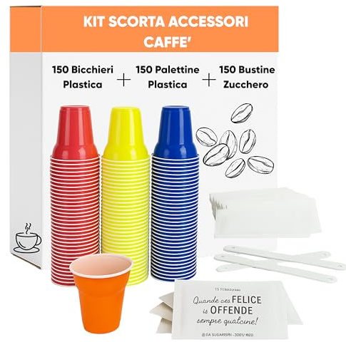 marketcaffe Kit Accessori Caffè 150 Pezzi – Zucchero in Bustine, Bicchierini Plastica, Palettine Monouso – Set Caffè Completo per Casa, Ufficio, Eventi, Bar e Distributori Automatici