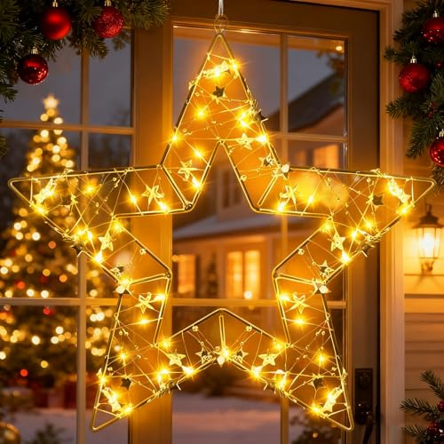 Beleuchtung Fenster Weihnachten, Hängend Sterne Fenster Weihnachten 8 Modi, Batteriebetriebene fensterbeleuchtung Weih-nachten Led Stern FENster Mit Timer, IP44 Wasserdicht Für Aussen Innen Deko (1STK