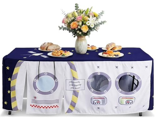 Oudain 10ft x 7.5ft Large Tablecloth Playhouse for Kid Table Fort Cover Table Cloth Tent Playhouse for Dining Room Birthday Indoor Outdoor Party Playground (Blue Colors, Space Station Style)