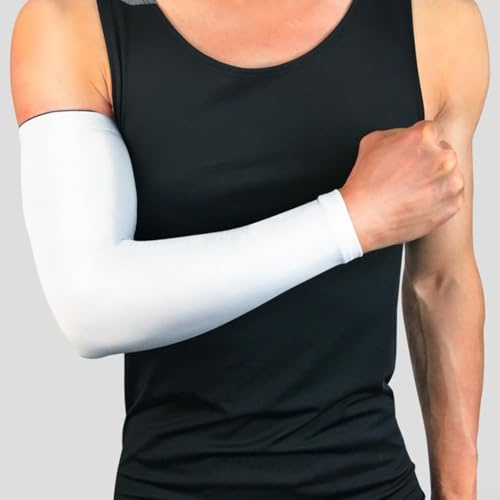Jonikuper Basketball-Shooter Sleeve Armschutz mit Silikon-Anti-Rutsch-Streifen, atmungsaktives UV-Schutz, Sportband für Basketball, Fußball, Volleyball und Fußball, Polyester (Weiß) (M)