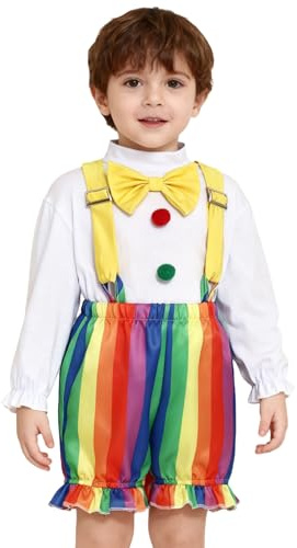 Fldy Toddler Infant Circus Costume Juggling Clown Cosplay Jumpsuits Halloween Carnival Cosplay Costume Rainbow Stripe 6-12 Months