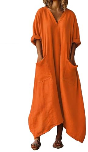Znwerma Summer Dresses for Women UK Casual Short Sleeve Boho Dresses Ladies Fashion Summer Linen Dress V Neck Shirt Dress with Pockets Loose Fit Long Maxi Sundress
