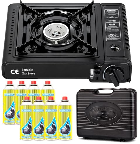 Greenfields Portable Camping Stove Gas Cooker with Piezo Ignition, Compact Butane Burner with Carry Case, Adjustable Flame Outdoor Cooking Stove Camping Picnic Travel (Camping Stove + 8 Butane Gas)