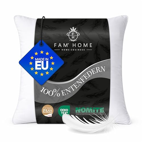 FAM' Home Federkopfkissen 60x60 cm – Federkissen mit 100% Entenfedern | NATÜRLICHER KOMFORT: 100% Entenfedern für Stützkraft, atmungsaktiver Bezug, bei 30°C waschbar & Öko-Tex zertifiziert.