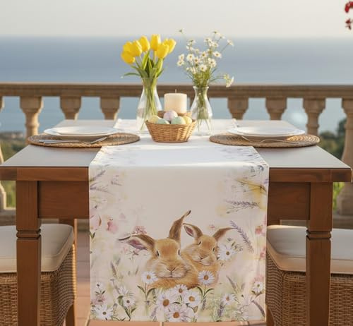 KAMACA Tischläufer Ostern & Frühling – 40x140 cm – Motiv Hasen auf der Blumenwiese – Bunter Oster-Tischläufer waschbar – Dekorative Tischwäsche für Küche & Wohnzimmer