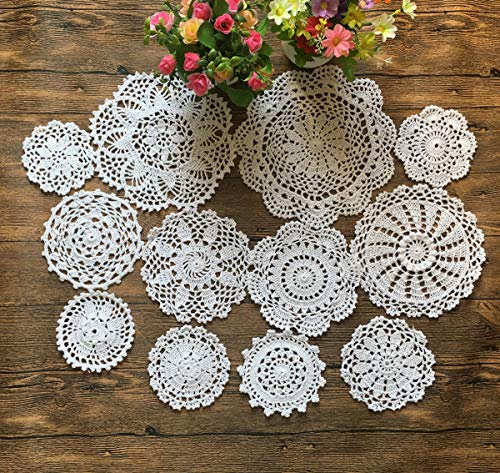 MINDPLUS Set mit 12 Handgehäkelten Deckchen Baumwolle Gehäkelte Spitzen Deckchen Tischset 10-25 cm Rund Weiß Vintage-Hochzeit Teeparty (12 Stück Weiß)