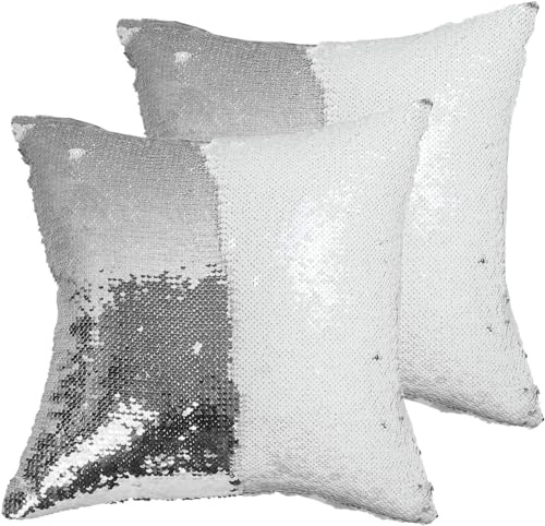 HMQIANG Sequin Pillow Covers, Silver, 16''x16'', Set of 2