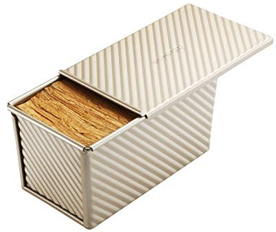 Monfish Pullman loaf Pan – loaf pan w lid - Wavy Non-Stick Toast Mold - Loaf Bread Baking Pan champagne gold (8.5x4.75x4.5)