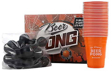 Komonee Halloween Party Beer Pong Set 48 PCS American Adult Indoor Novelty Drinking Game 24 Re-usable Orange Cups and 24 High Bounce Black ABS Balls Great For October 31st Parties
