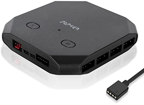 upHere 12V RGB to 5V ARGB PC Fan Hub with 6 PWM 4Pin Port,8 5V ARGB 3Pin Port,Support up to 6 4-Pin & 3-Pin Case Fans and Additional 2 ARGB Accessories Black FH14-12V(Only Support 12VRGB Motherboard)