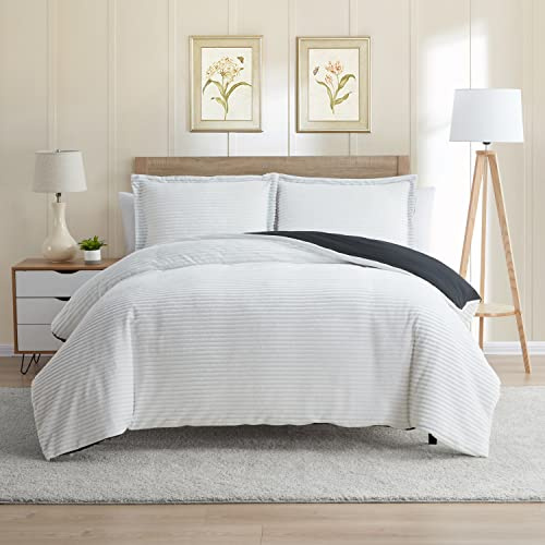 Nestl Premium Flannel Duvet Cover Set - 3 PC Reversible Queen Comforter Cover Set with Microfiber Back - 1 Velvet Duvet Cover Queen with Zipper Closure & 2 Pillow Shams 90 x 90 inches - White & Black