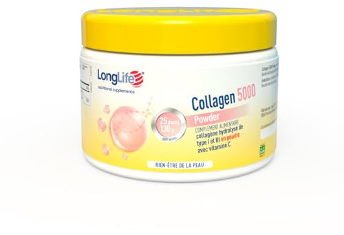 LongLife® Collagen 5000 Powder | 5000 mg di collagene idrolizzato di tipo I e III in polvere Verisol® | Con vitamina C | Benessere della pelle | 25 dosi | Gusto neutro e senza glutine