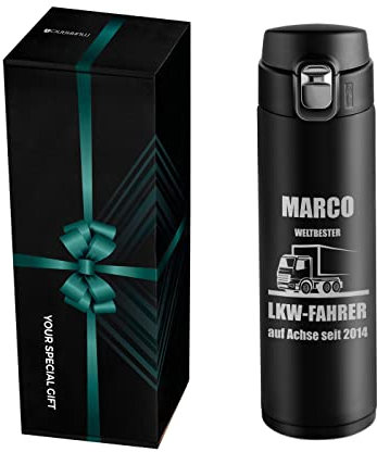 Maverton Trinkflasche mit Gravur 400 ml - Thermobecher auslaufsicher 100% dicht - Weihnachtsgeschenke - Easy-Clean-Deckel - Thermoskanne aus Edelstahl - für Männer zum Geburtstag - schwarz - LKW