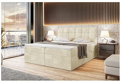 MEBLINI Boxspringbett mit Bettkasten - Gepolstert Doppelbett mit Matratze und Topper - Polsterbett mit Stauraum - Bett mit Kopfteil - Stauraumbett - Drago - 180x200 - H4/Beige Samt