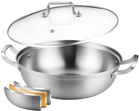 Delarlo Tri-Ply Stainless Steel 11 inch Everyday Pan with Lid, Kitchen Induction Deep Saute Pan,shabu shabu pot High Side Cooking Pot 3.5QT, Oven Safe Stock Pot, Up to 600℉