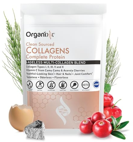Organixx Clean Sourced Collagen Peptides Powder with Vitamin C, Types I, II, III, V, X Hydrolyzed Collagen, Hair, Nail, Skin, Bone & Joint Health, Aging Support, Gluten Free, Unflavored, 30 Servings