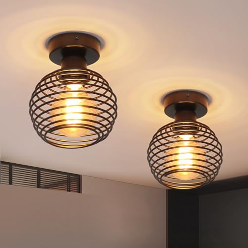 ZMH 2ER Deckenlampe Vintage Deckenleuchte Flur Schwarz Industrial Flurlampe | Schlafzimmerlampe Schwarz Metall Lampenschirm Küchenlampe Retro E27 Fassung max.40W Deckenbeleuchtung für Schlafzimmer