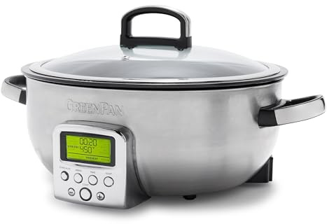 GreenPan Elite Essential Smart Electric 5.6L Skillet Pot, Easy Sear Saute Stir-Fry & Rice Cooker Presets, PFAS-Free Healthy Ceramic Non-Stick, Dishwasher Safe Parts, LED Display, Stainless Steel
