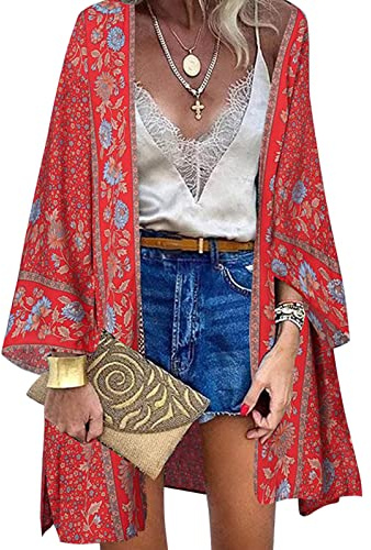 Kimono strandöverdrag för dam, lång, retro, blommig solskyddskofta med tryck, långa ärmar, eleganta badkläder, sommar strandkläder., M