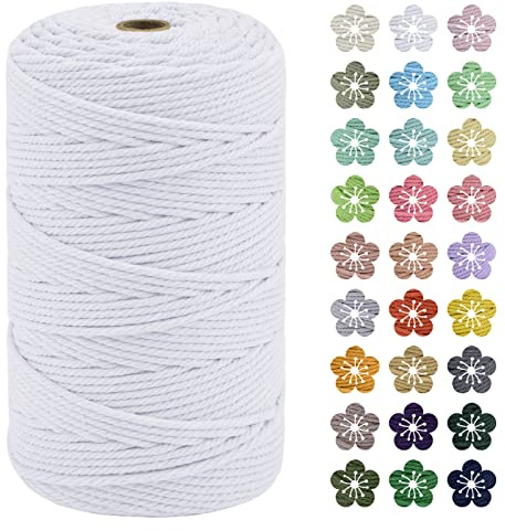 LEREATI Makramee Garn 3mm x 200m Baumwollkordel Natur Baumwollseil Farbig Baumwollgarn, Macrame Cord 3mm für DIY Geflochten, Makramee Deko, Hängepflanze, Wandbehang, Vorhang (Weiß)