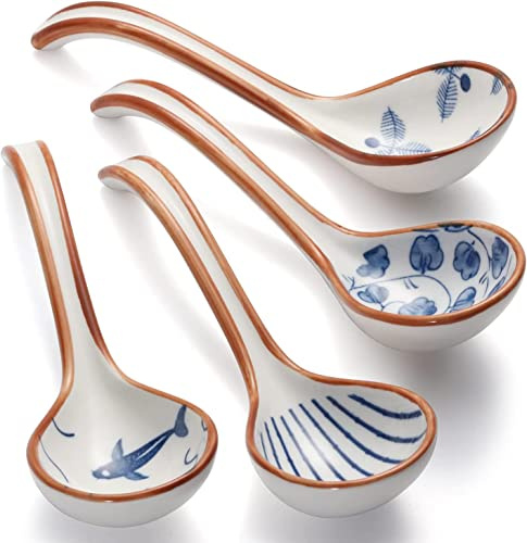 YellRin Ceramic Soup Spoons Set of 4 Porcelain Japanese Soup Spoon Long Handle Asian Soup Spoon Sets for Gravy, Soup Noodles, Wontons, Cream (Porcelain)