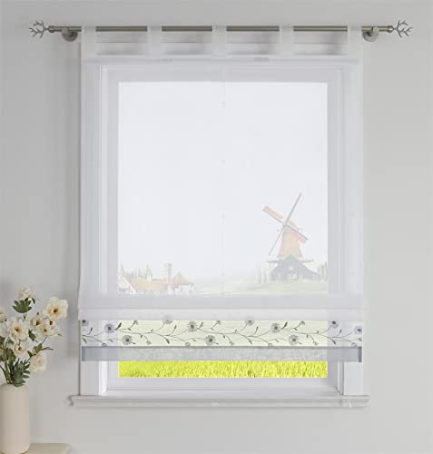 CORLIF Raffrollo mit Schlaufen Modern Raffgardine Küche Schlaufenrollo Leinenoptik mit Blumen Stickerei Transparente Rollo Landhaus Kurz Fenster Schal B/H 120/150 cm Grau